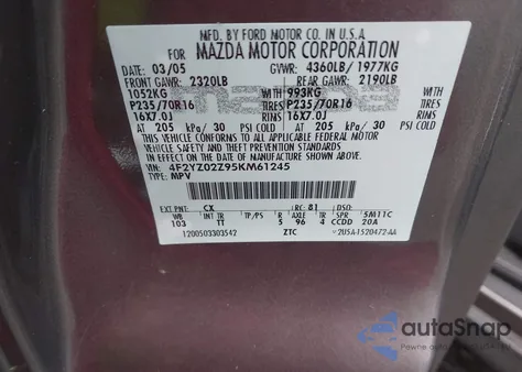 2005 Mazda Tribute I z USA, uszkodzony, nr VIN 4F2YZ02Z95KM61245